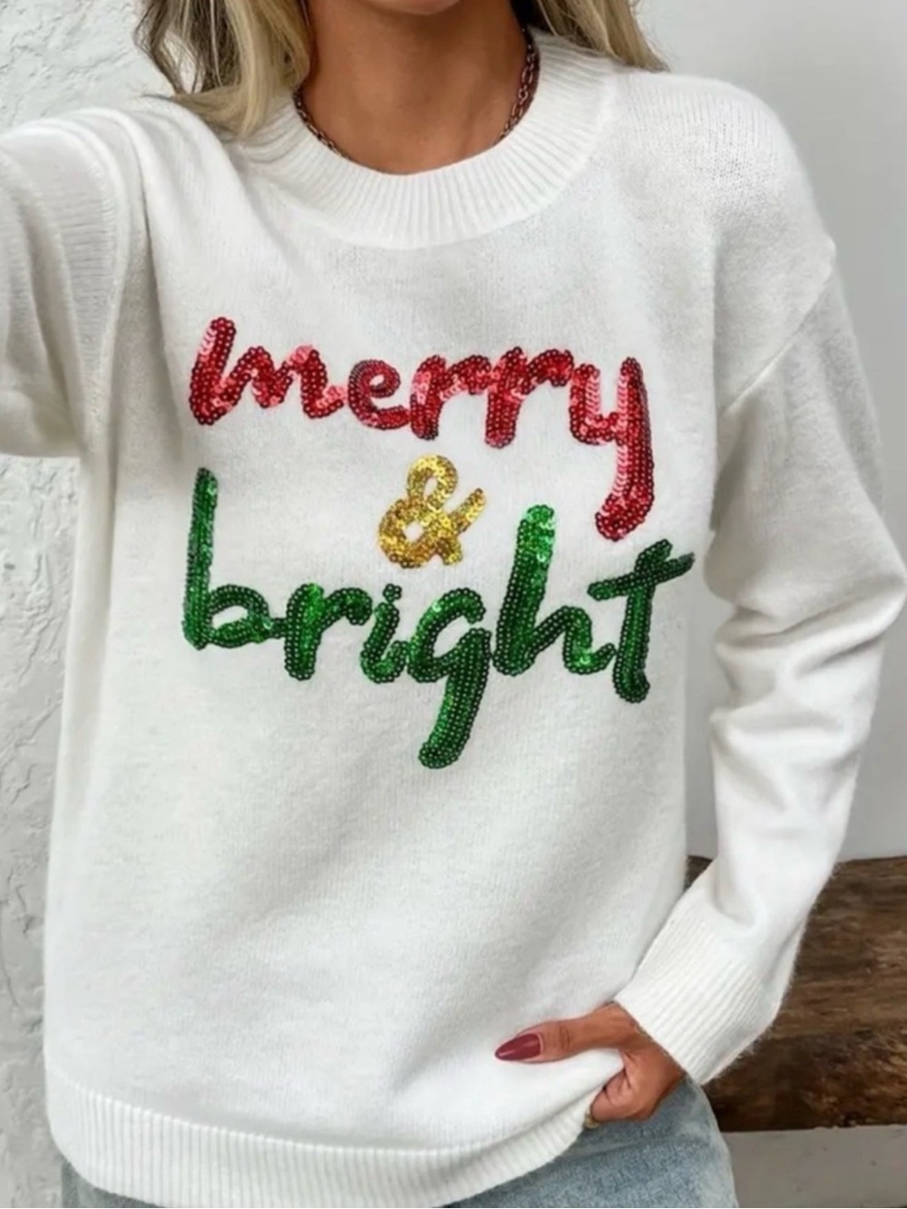 Merry & Bright Sequin Christmas Sweater Classic White